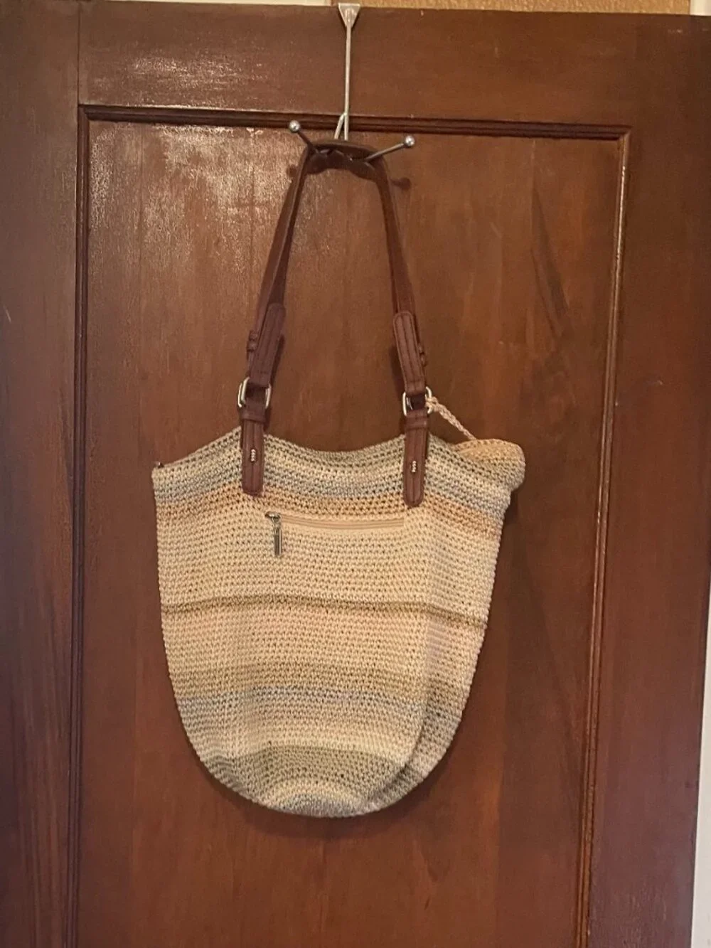 The Sak Crochet Tote Bag Neutral Striped Leather Strap Boho Shoulder Bag